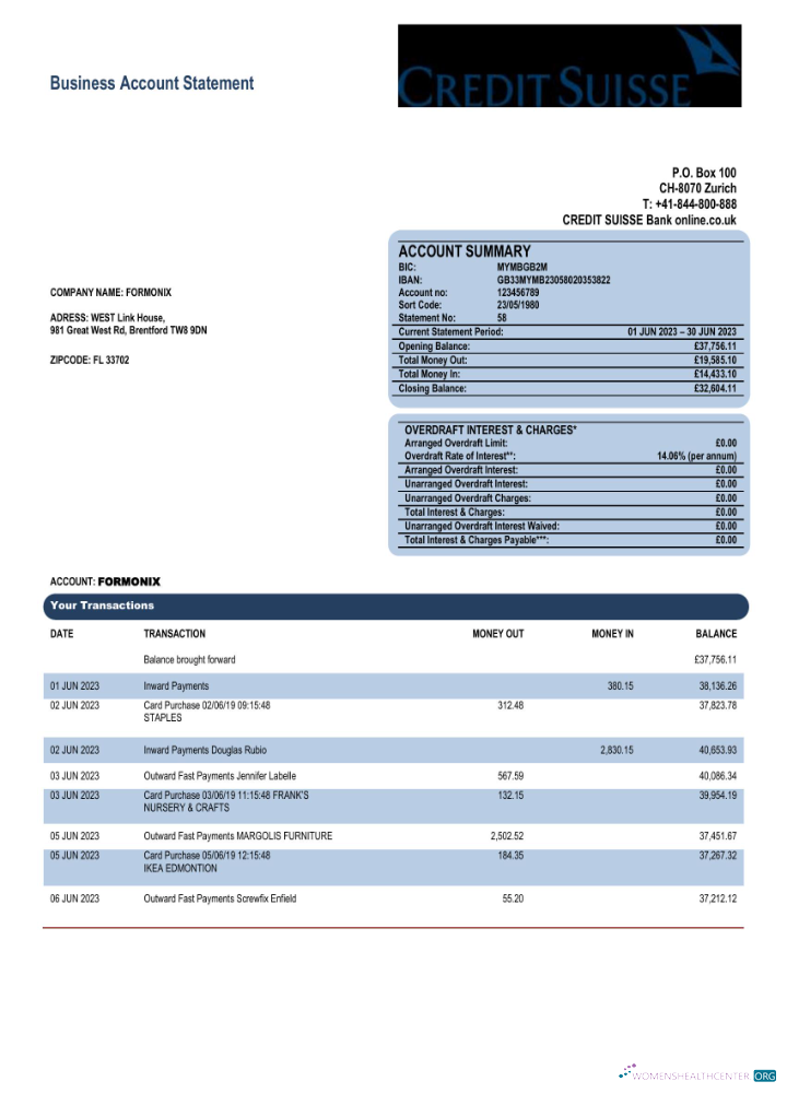 Download Credit Suisse Bank corporate account statement Word and PDF template Photoshop template